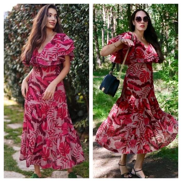 NWT Johanne Ortiz X H&M Maxi Dress XS Floral Eyelet Embroidered Ruffle Pink - Picture 14 of 16